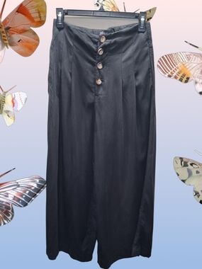 Zara TRF Black Lyocell Wide-Leg Button-Front Trousers - Size M